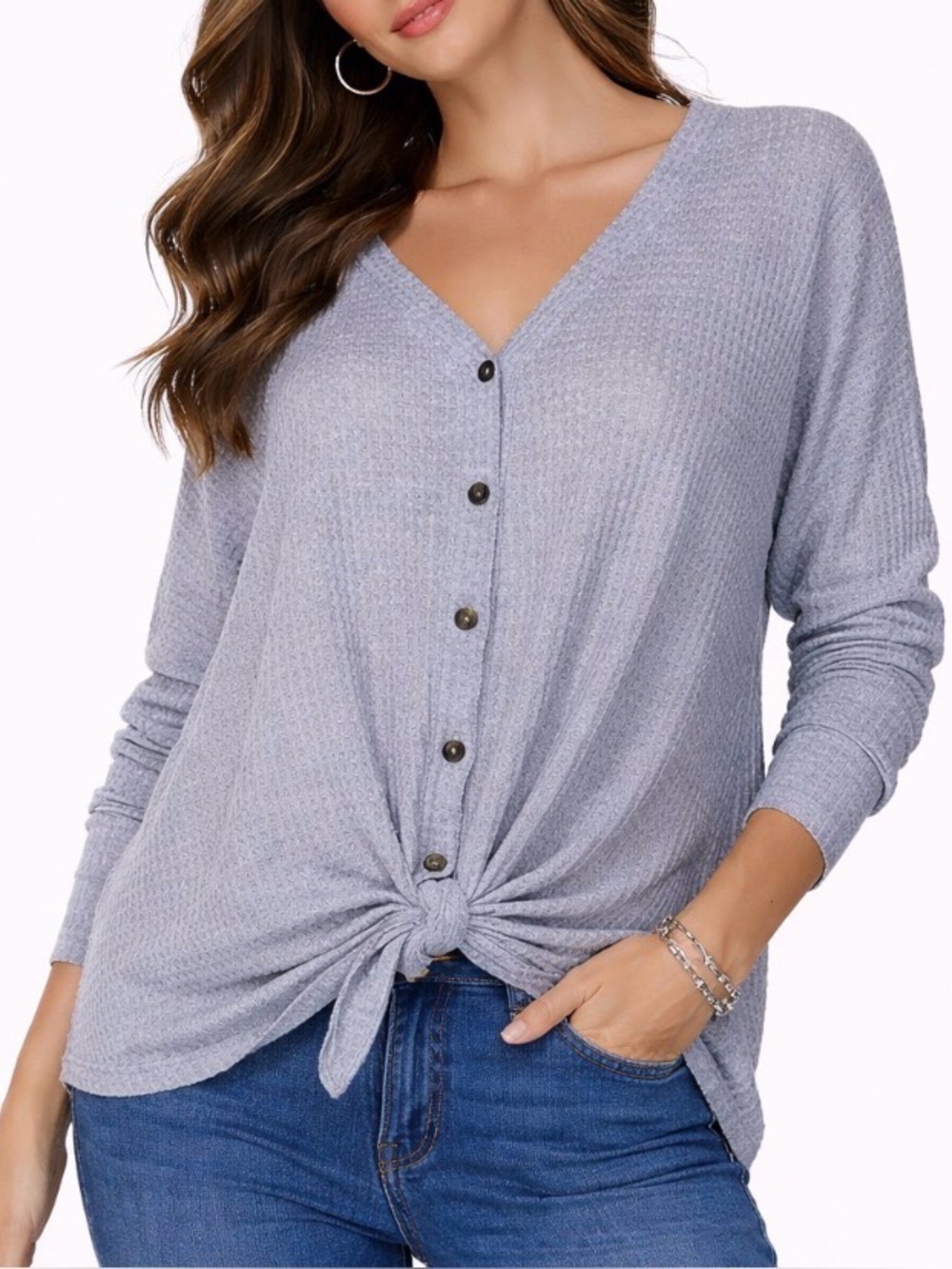 Out From Under top shirt waffle knit gray button up front knot long sleeve SZ M